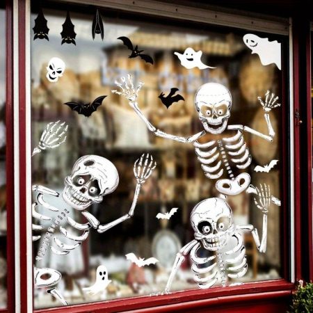 4pcs 4-Pack Halloween Skeleton Window Clings: Spooky PVC Stickers for Haunted House Decor & Glass Walls