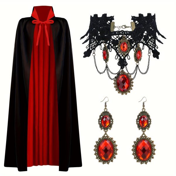 Vampire Cosplay Costume Set - 3pcs Reversible Black & Red Cloak with Gothic Jewelry, Perfect for Halloween & Carnival Parties